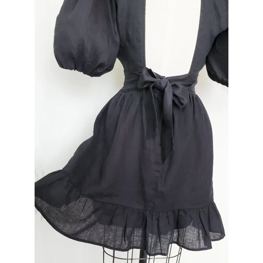 Faithfull The Brand Womens Black Linen Tie Back Dress Balloon Sleeves 6 - Picture 9 of 11